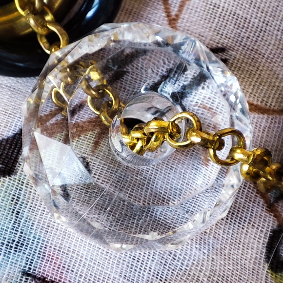 Clear Faceted Chunky Acrylic and Mixed Metal Ring Disc Brass Tone Necklace - Picture 11 of 13